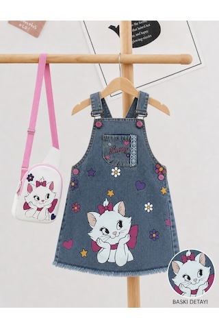 Nota Kids Kız Çocuk Kedi Baskılı Kot Jile Elbise Çantalı Denim Askılı Günlük Elbise 3-8yaş Mavi