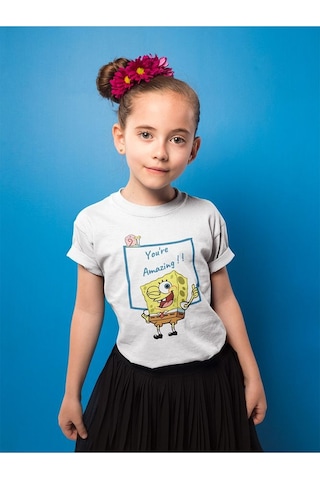 Sevbano Süngerbob You Are Amazing Yazılı Unisex Çizgi Film Çocuk Tişört Beyaz