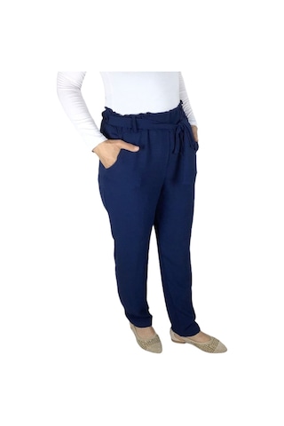 Kadın Beli Lastikli Kuşaklı Cepli Dar Paça Ayrobin Pantolon Lacivert