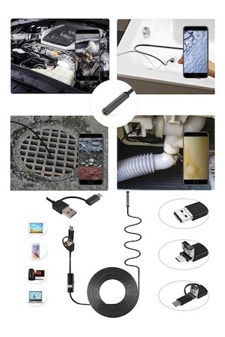 15metre 3-in-1 Endoskop Kamera, Usb Ve Android, Type-c Bağlantılı, 6 Led Işıklı, Kıvırlabilen Sert Kablo,su Geçirmez,yılan Kamera, Borescope