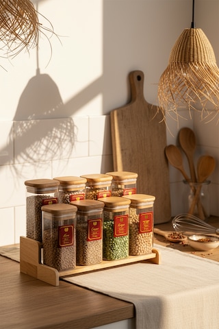 Snippy Lunver - 8'li Ahşap Standlı Vakumlu Etiketli Akrilik Saklama Kabı Baharatlık Seti 350 Ml Ahşap