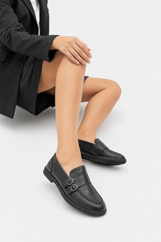 Luvi Shoes Daly Siyah Cilt Hakiki Deri Tokalı Kadın Loafer Ayakkabı