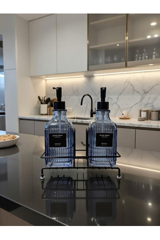 Modern Çizgili - Kabartmalı Cam İkili Sıvı Sabunluk & Deterjanlık Seti - 500ml Standlı Mutfak Ve Banyo Organizeri Mavi