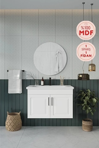 Reyhan 80 Cm %100 Mdf Lavabolu Banyo Dolabı + Ayna Beyaz