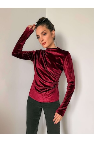 Ali Butik Bordo Balıkçı Yaka Kadife Bluz Bordo