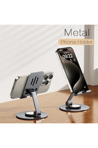 Gri Vaorlo Katlanabilir 360 Metal Tutucu Telefon Standı iPhone Uyumlu 15pro İpad İpod 90 Ayarlanabilir Sabit Telefon Tutucu Canlı Ofis İçin
