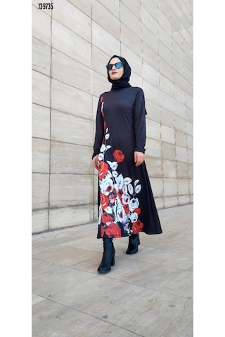 Moda Kadın Tesettür Bisiklet Yaka Çiçekli Uzun Kollu Mikro Midielbise Siyah