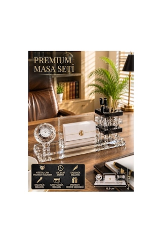 Premium Hediye Ofis Kristal Cam Saatli Kalemlik Kartvizitlik Yönetici Masaüstü Organizer Seti Siyah Çok Renkli