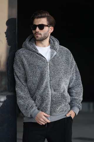 Madmext Gri Peluş Over Fit Kapüşonlu Fermuarlı Erkek Sweatshirt 6049 Gri