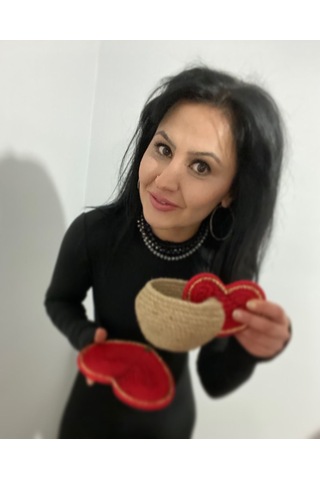 Sevgililer Günü Hediyesi, Kalpli Fincan Sepet, Dekoratif Sepet, Hediyelik Sepet, Dekor Sepet, Çok Amaçlı Sepet Kırmızı - Kahverengi