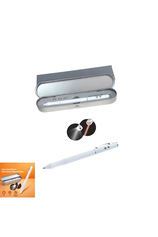 Metal Kutulu Kırmızı Lazerli, Beyaz Led Işıklı Pointer İşaretçi Kalemi Metal Tükenmez Kalem