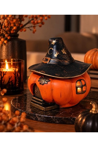 Turuncu Halloween Temalı Kapaklı Balkabağı Büyücü Şapkalı Dekoratif Obje Hediyelik Saklama Kutusu Biblo Turuncu Halloween Temalı Kapaklı Balkabağı Büyücü Şapkalı Dekoratif Obje Hediyelik Saklama Kutusu Biblo