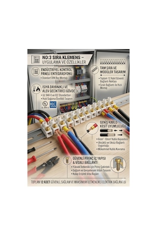 No:3 Sıra Klemens 12 Li Set - 6-10 Mm² Yanmaz Isıya Dayanıklı Kablo Konnektörü
