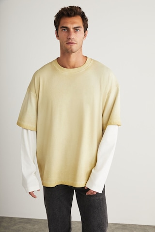 Deny Erkek Uzun Kol Detaylı Oversize Fit Bol Kesim Bisiklet Yaka %100 Organik Pamuk Açık Bej T-shirt