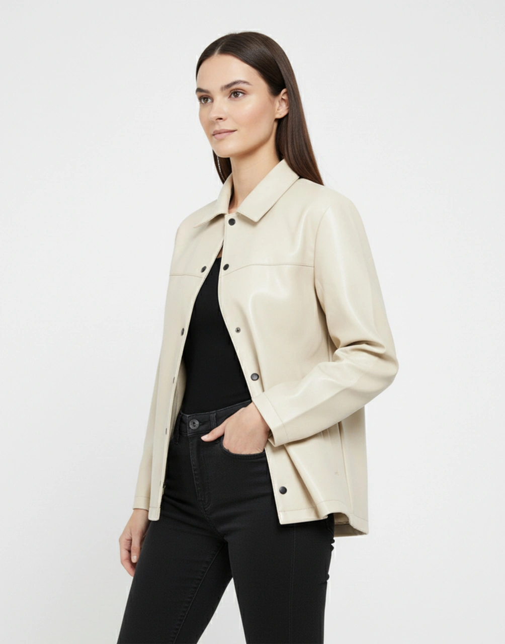 Kadın Çıtçıt Düğmeli - Suni Deri - Ceket -günlük Kullanım - Blazer Gömlek Yaka - Çift Cepli Açık Bej