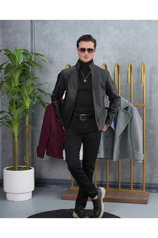 Modefendi Slim Fit Kalıp Hakim Yaka Ribanası Asimetrik Model İthal Deri Mont Renkli