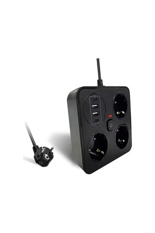 Akım Korumalı Anahtarlı Priz - 3x Priz - 2x Usb - 2x Type-c - 2 Mt Kablo Hızlı Şarj Özellikli Siyah 2 M