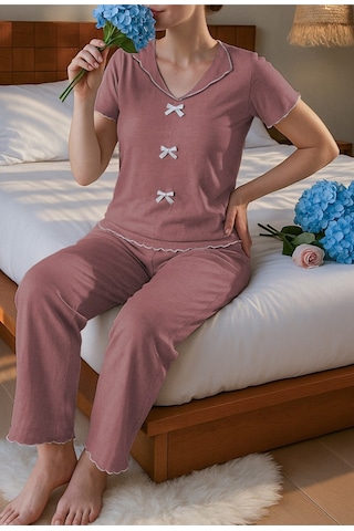 Bella Notte Pamuklu Gül Kurusu Fiyonk Detaylı Mevsimlik Pijama Takımı Pembe