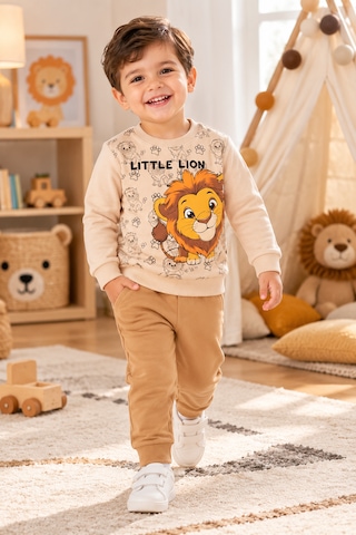 Tucankids Erkek Çocuk Aslan Baskılı İkili Eşofman Takımı Sweatshirt Eşofman Bej - Kahverengi