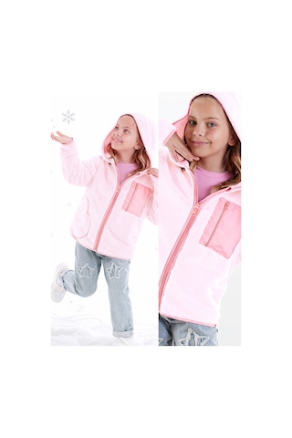 Kız Çocuk Kışlık Kalp Desenli Peluş Pembe Kapüşonlu Uzun Kollu Mont 6-11 Yaş