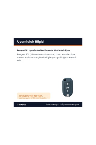 Trobus Peugeot 301 Uyumlu Anahtar Kumanda Kılıfı Katlanır Siyah