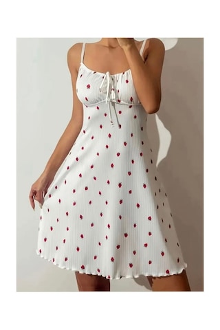 Eloria Fashion Çilek Baskılı Tangalı Gecelik Pijama Elbise,kadın Gecelik,kadın İç Giyim Beyaz