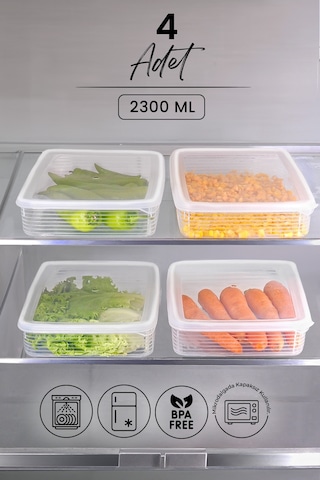Kitchen Life 4 lü 2300 ML Buzdolabı ve Mikrodalga Saklama Kabı - Buzdolabı Organizeri Saklama Kutusu Şeffaf