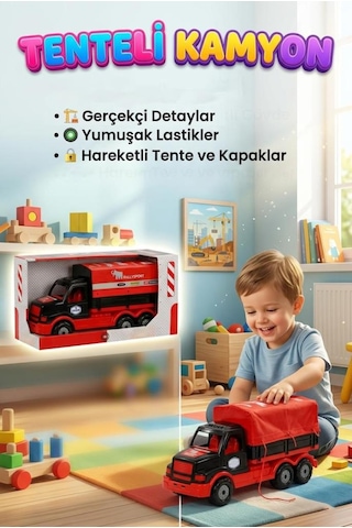 Açılabilir Tenteli Kasalı Büyük Boy 44cm Tekerlekli Ralli Tasarımlı Oyuncak Dev Taşıyıcı Kamyon