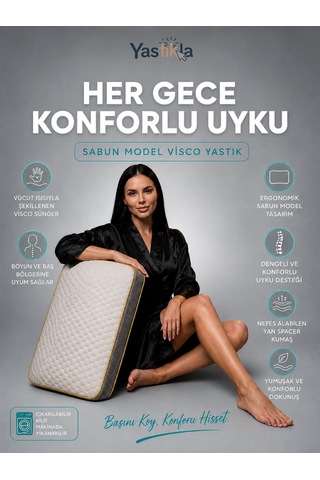 Nefes Alabilen 3d Kumaşlı Boyun Destekli Ortopedik Hafızalı Visco Sabun Yastık 60x40x14 Cm Beyaz - Antrasit