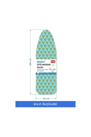 Ütü Masası Kılıfı Örtüsü Bezi, Turkuaz Uçan Balon Süngerli Ve Keçeli, Yanmaz, Ayarlanabilir 48x138 Cm