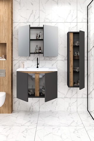 %100 Mdf 80 Cm Lavina Banyo Dolabı + 30 Cm Lavina Boy Dolabı Beyaz