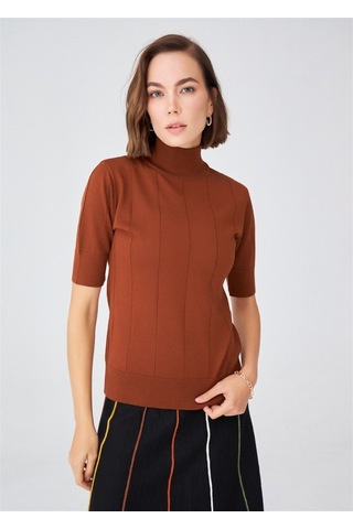 Peraluna Balıkçı Yaka Kısa Kollu Basic Kadın Triko Bluz Kahve-Kahve Kahverengi