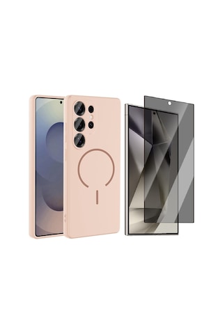 Vendas Samsung Uyumlu Galaxy S25 Ultra Kılıf M-safe Şarj Özellikli Zore Meta Kapak + Hayalet Ekran Koruyucu Rose Pembe