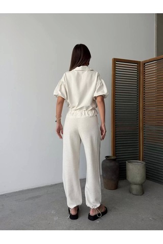 Keten Tam Fermuarlı Kısa Kollu Gömlek Pantolon İkili Takım - Beyaz Beyaz