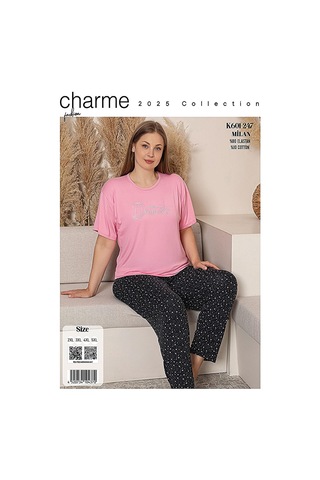 Charme Kadın Büyük Beden Bisiklet Yaka Milan Likralı Kısa Kol Pijama Takımı K601/247 - 1 Adet Pembe