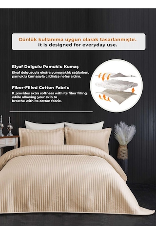 Evlen Home Judy Pamuklu Yatak Örtüsü Pike Takımı Çift Kişilik Çizgili Günlük Sade Düz Bej Bej