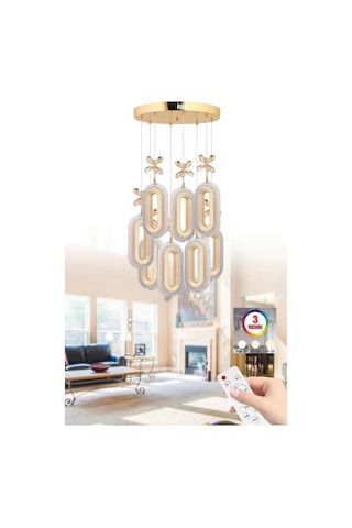 8'li Zenith Gold Kumandalı Avize 3 Renk Ledli Altın