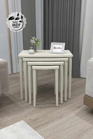 Renlife Krem Boyalı 4 Lü Lüx Mdf Zigon Sehpa Takımı Krem Krem Krem Ayaklı