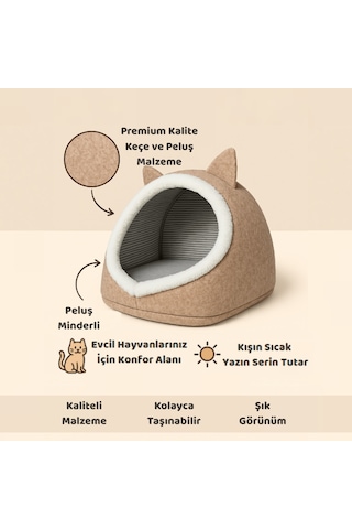 Beylini Katlanabilir Kedi Evi Pet Yatağı Keçe Krem 40x35x34 Cm