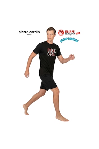 Pierre Cardin Paris Premium Erkek %100 Pamuk Baskılı Yazlık Rahat Kesim Şortlu Pijama Takımı Siyah