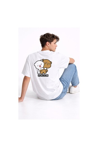 Sevgili Kombini Perfect Pair Ayıcık Baskılı Çift Tişört Oversize Unisex Partner Kombin Seti Beyaz