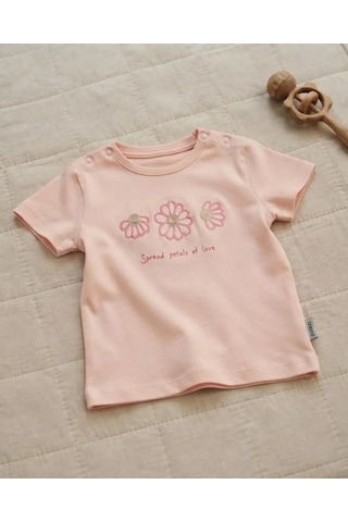 Tuffy Kız Bebek Açık Pembe Çiçek Detaylı T-shirt Rahat Kalıp