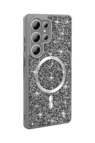 Maks Technology Galaxy Uyumlu S26 Ultra Kılıf Pırlanta Tasarımlı M-safe Şarj Özellikli Mkst Mozaik Silikon Kapak - Titanyum-gri Titanyum Gri