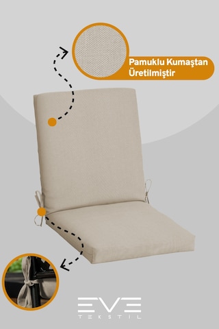 Eve Tekstil Bahçe - Salon - Balkon Arkalıklı Fermuarlı Bağlanabilir Yıkanabilir Sandalye Minderi 6 Adet Krem