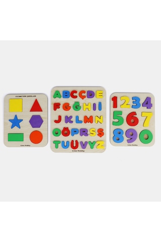 Ahşap Eğitici Puzzle Seti Türkçe Alfabe + Sayılar + Geometrik Şekiller 3lü Set Montessori Öğretici Set 1 Adet
