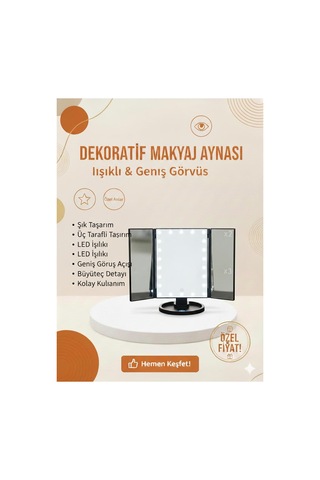 Üç Panelli Led Işıklı Makyaj Aynası Büyüteçli, Geniş Görüş Açılı, Masa Üstü Kullanım Siyah