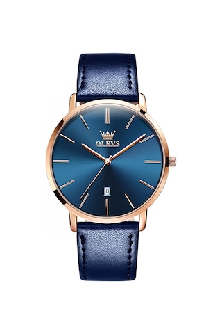 Olevs 5869 Erkekler İş Su Geçirmez Hakiki Deri Kayış Kuvars Saat Mavi + Mavi