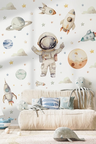 Uzay Temalı Duvar Sticker Seti 165 Parça Astronot, Roket, Gezegen Çocuk Odası Duvar Büyük Boy Dijital Baskı