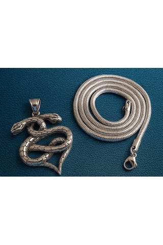 Çift Başlı Tasarım Erkek Paslanmaz Çelik Yılan Kolye Gümüş