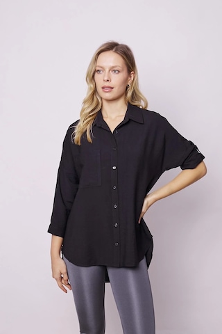 Kadın Keten Görünümlü Kolu Katlanabilir Rahat Kesim Uzun Tunik Gömlek-siyah Siyah